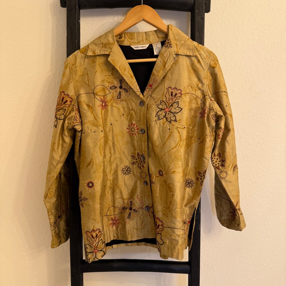 Vintage 90s Laura Ashley Silk Button-Up Top Floral Embroidered Gold Blouse‎